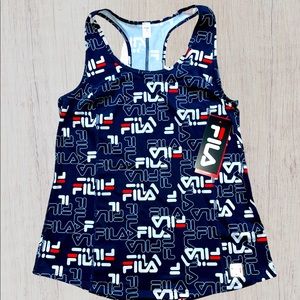 Fila Women’s Performance Racer Tank Top Navy Fila All Over BRAND NEW